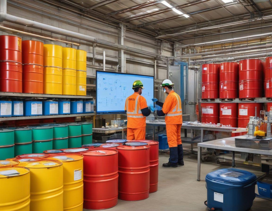 A detailed infographic depicting a factory setting with visible chemical barrels and safety equipment, featuring a computer screen displaying the ICIS database interface. Include safety symbols like gloves, goggles, and a hazard sign in the foreground. The background should show workers in safety gear, collaborating, with an emphasis on safety protocols. Use vibrant colors to highlight safety contrasts and ensure clarity. infographic. vibrant colors. clean layout.