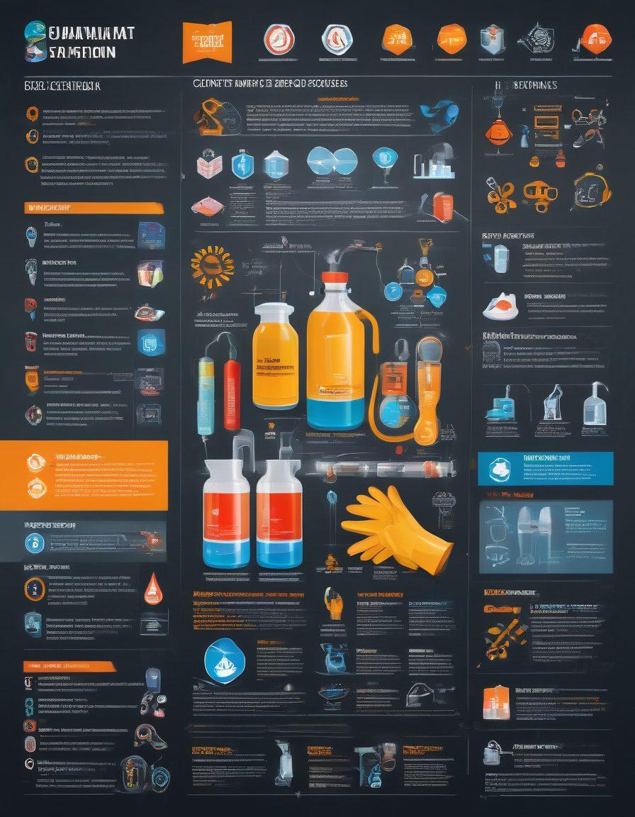 A detailed, colorful infographic showcasing various safety data sheets (SDS) with icons representing chemicals, hazard symbols, and compliance checklists. The background should include a laboratory setting with safety gear and clean surfaces, emphasizing the importance of chemical safety. Incorporate clear headings and bullet points for clarity. super-realistic. vibrant colors. informative layout.